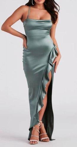 Windsor Lauren Ruffled Slit Satin Formal Dress