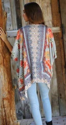 Angie [] Dove Gray Floral Print Flowy Open Front Kimono Cover-Up Boho Top Large L