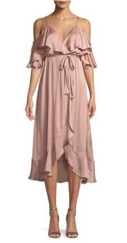 Bardot  Dress Womens 6 Bea Cold-Shoulder Ruffle Wrap Biscotti Dusty Pink Satin