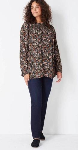 J.Jill  Petite Prairiecore Smocked Black Brown Floral Long Sleeve Blouse  SZ S