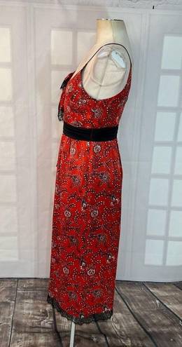 Cinq à Sept Cinq a sept Petra red silk bandanna black lace trim midi slip dress size 4