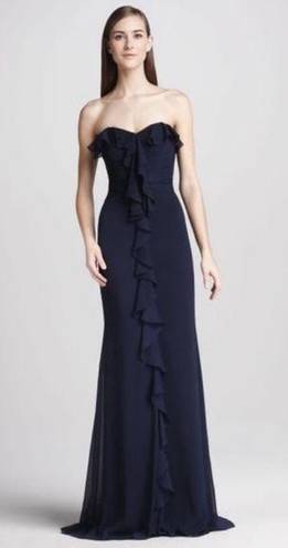 Badgley Mischka  Marina Blue Silk Strapless Ruffle Front Gown Dress