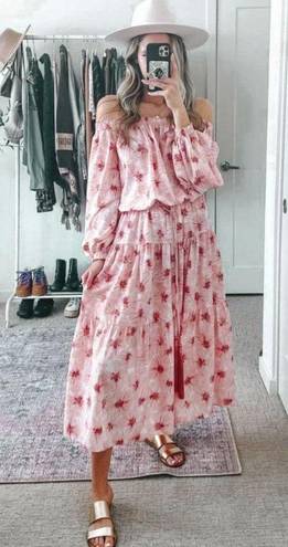 Alexis  Tilia Off the Shoulder Floral Print Tiered Midi Dress Tassel Tie Pink