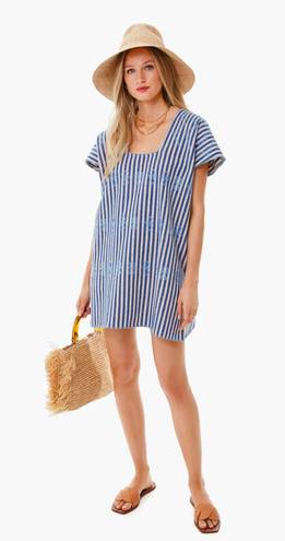 Tuckernuck  Sullivan Mini Blue Stripe Embroidered Canvas Caftan Dress