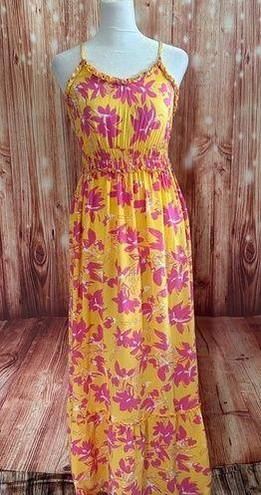 Jessica Simpson Yellow Ruffle Trim Pink Floral Print Maxi Dress