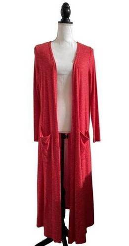 LuLaRoe  Sarah Duster Style Full Length Cardigan Red White Micro Stripe Medium