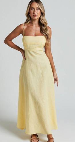 BRETTE MIDI DRESS - LINEN LOOK STRAIGHT NECK STRAPPY FIT AND FLARE DRESS IN LEMON