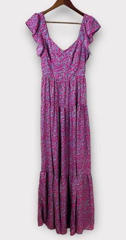 Sabina Musayev Truly Metallic Maxi Dress Pink Blue Floral Lace Up Back Size XS