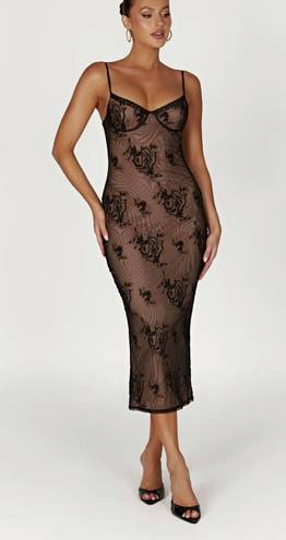 Meshki Embroidered Mesh Midi Dress - Black