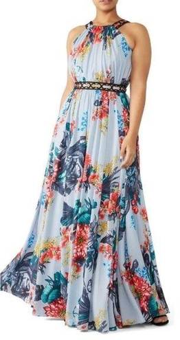 Badgley Mischka  Floral Grommet Maxi Blue Gown Sleeveless Cocktail Size 8