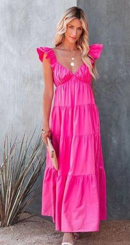 Free The Roses  NWT Flamingo Fuchsia Pink Poplin Tiered Ruffle Maxi Dress Small