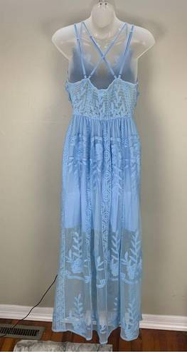 Embroidery Floral Mesh Overlay Lace detail Maxi Dress Blue size Medium