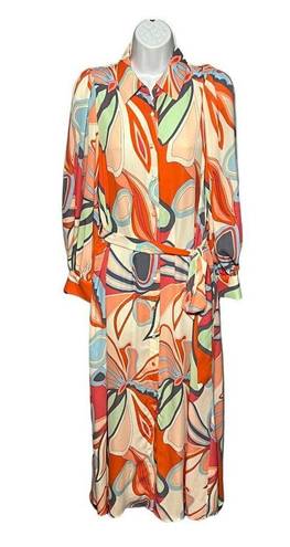Alexis Abstract Puff Sleeve Button Front Chiffon Maxi Dress w/Waist Tie Small