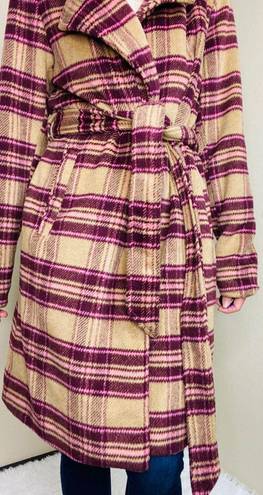 A New Day NWT  Carmel & Burgundy Plaid Long Waist Tie Wool Coat