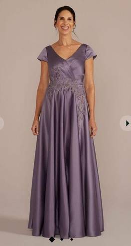 Oleg Cassini Lavender  Satin A-line Gown with Embroidered Waist