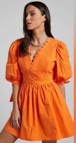 Showpo Zandra Mini Dress - Puff Sleeve Poplin Dress in Orange