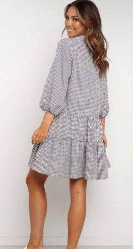 Women's Gingham Long Sleeve Button Down Casual Loose Flowy Swing Dress Black Size L