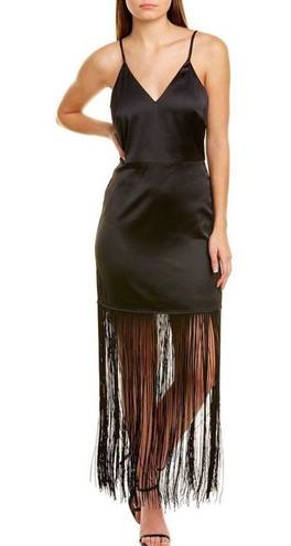 Lucy Paris Black Satin Fringe Midi Dress, S