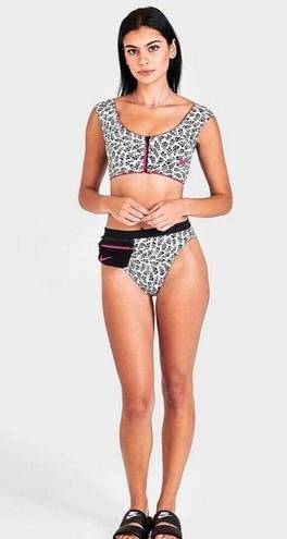 Nike Bikini Top Swimsuit Zipper Crop Party Dots Black White Hot Pink M $56 NEW