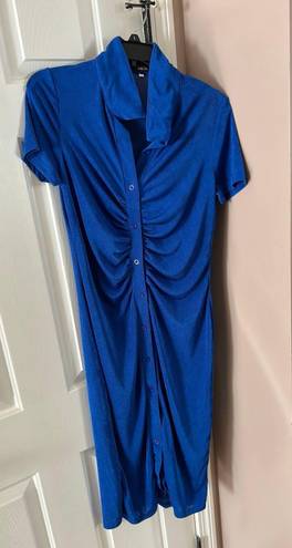 Micas Blue Ruched Button Up Midi Dress