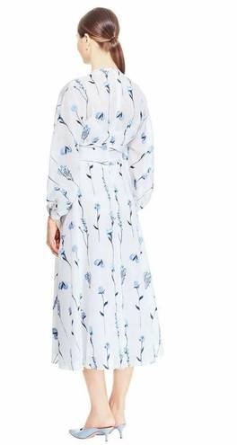 NWT Rare!! Lela Rose White Blue Floral Voile Full Sleeve V neck Midi Dress 10