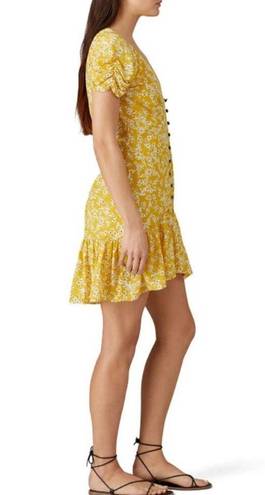 Wish Golden Bloom Floral V-Neck Short Sleeve Dress Ruffle Hem Mustard Yellow szL