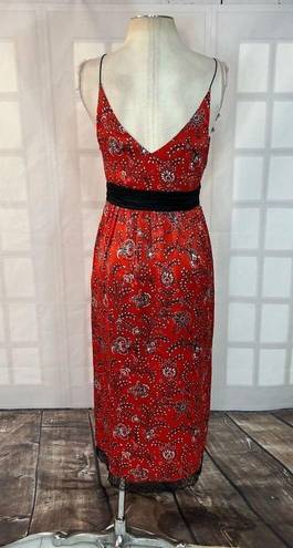 Cinq à Sept Cinq a sept Petra red silk bandanna black lace trim midi slip dress size 4