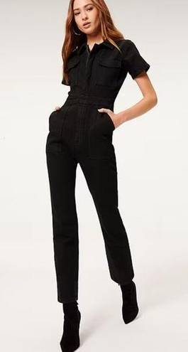 Good American  Denim Jumpsuit Flightsuit Point Collar Straight Leg Black Size 1