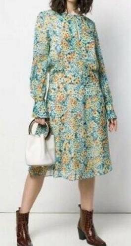 Equipment  Femme Silk Magnolia Fountain Bleu Floral Midi Dress Size 4