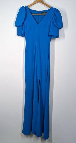 Badgley Mischka  Odessa Split Front Crepe Gown V-Neck Puff Sleeves Blue Size 0