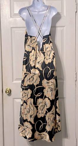 Natori  Floral Long Satin Slip Dress Vintage Gold Black Floral Size Medium