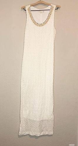 Boston Proper  White Crochet Lace Overlay Maxi Dress Beaded Neckline Size L