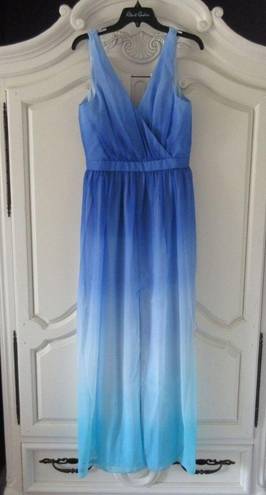 Jay Godfrey NWT  Sinclair Blue Teal Ombre Chiffon Slit Front Maxi Dress Gown 8