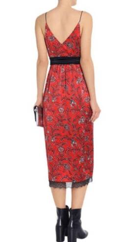 Cinq à Sept Cinq a sept Petra red silk bandanna black lace trim midi slip dress size 4