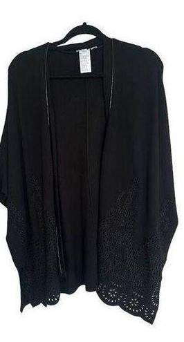 Chico's  Ruana Sweater Cardigan Black Embroidered Eyelet Oversized Poncho Size S/M