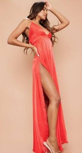 Pretty Little Thing  Red Extreme Slit Strappy Back Maxi Dress