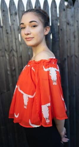 Peach Love California Cattle Skull Off The Shoulder Top in Red Orange, Small NWT