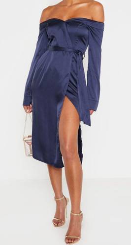 Pretty Little Thing s Satin Blue Off Shoulder Dress