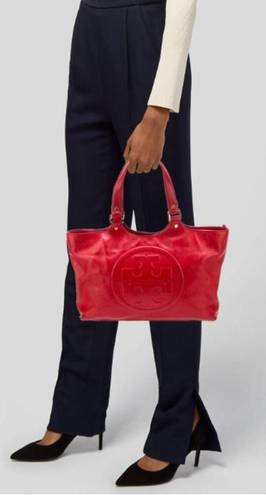 Tory Burch  Red Leather Embossed Logo Double Handle Shoulder Bombe Tote Handbag