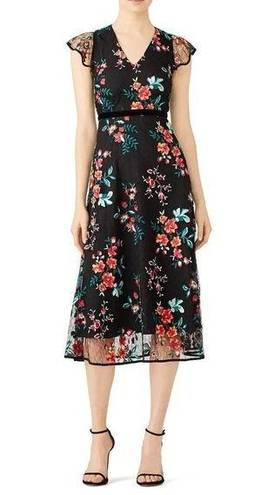 Hunter Bell  Black Floral Printed Lace Flutter Sleeves V-Neckline Midi Dress 10