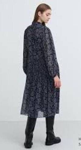 Uniqlo Uniqulo Printed Chiffon Pleated Long Sleeve Dress Womens Size Large Blue NWT NEW