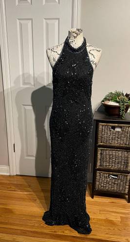 Scala Silk Sequins Vintage Embellished Halter Beaded Open Back