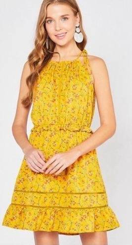 Entro  Golden Ruffled Floral Summer Dress with Tie Straps