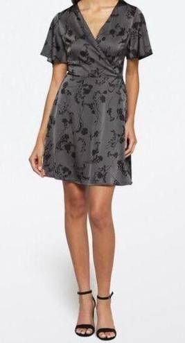 Scarlett 41 Hawthorn  Gray Floral Flutter Sleeve Satin Wrap Mini Dress S & M NEW