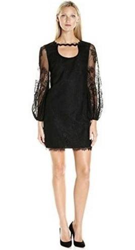 Trina Turk  Lace Overlay Mini Dress Cut Out Neckline Sheer Balloon Sleeve Black 4