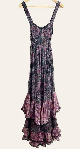 Rococo  Sand Nott Sweetheart Tiered Metallic Purple Paisley Maxi Dress Size S