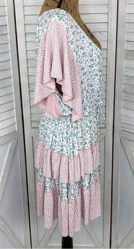 StitchDrop Mendocino Flutter Sleeve Ruffle Dress Pink Blue Small Floral