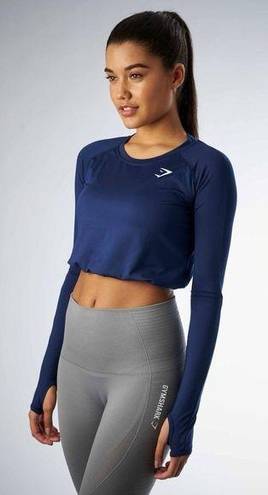 Gymshark  Drawstring Long Sleeve Elbow Key Hole Crop Top in Navy Blue Sz. Small