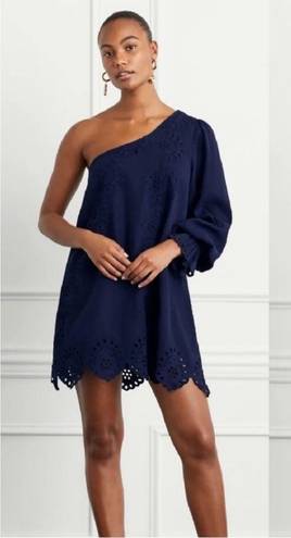 Hill House NWT  Mila Dress One Shoulder Navy Linen Blue Eyelet Sz S