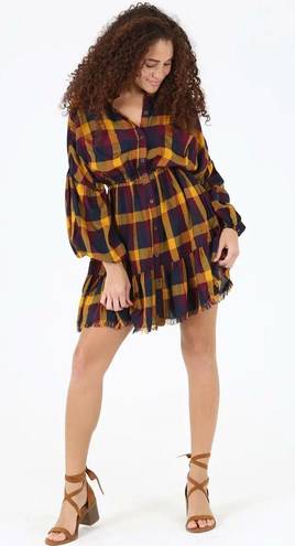 Angie NEW! Boho Preppy Plaid Mini Dress Fringe Bottom Long Sleeve